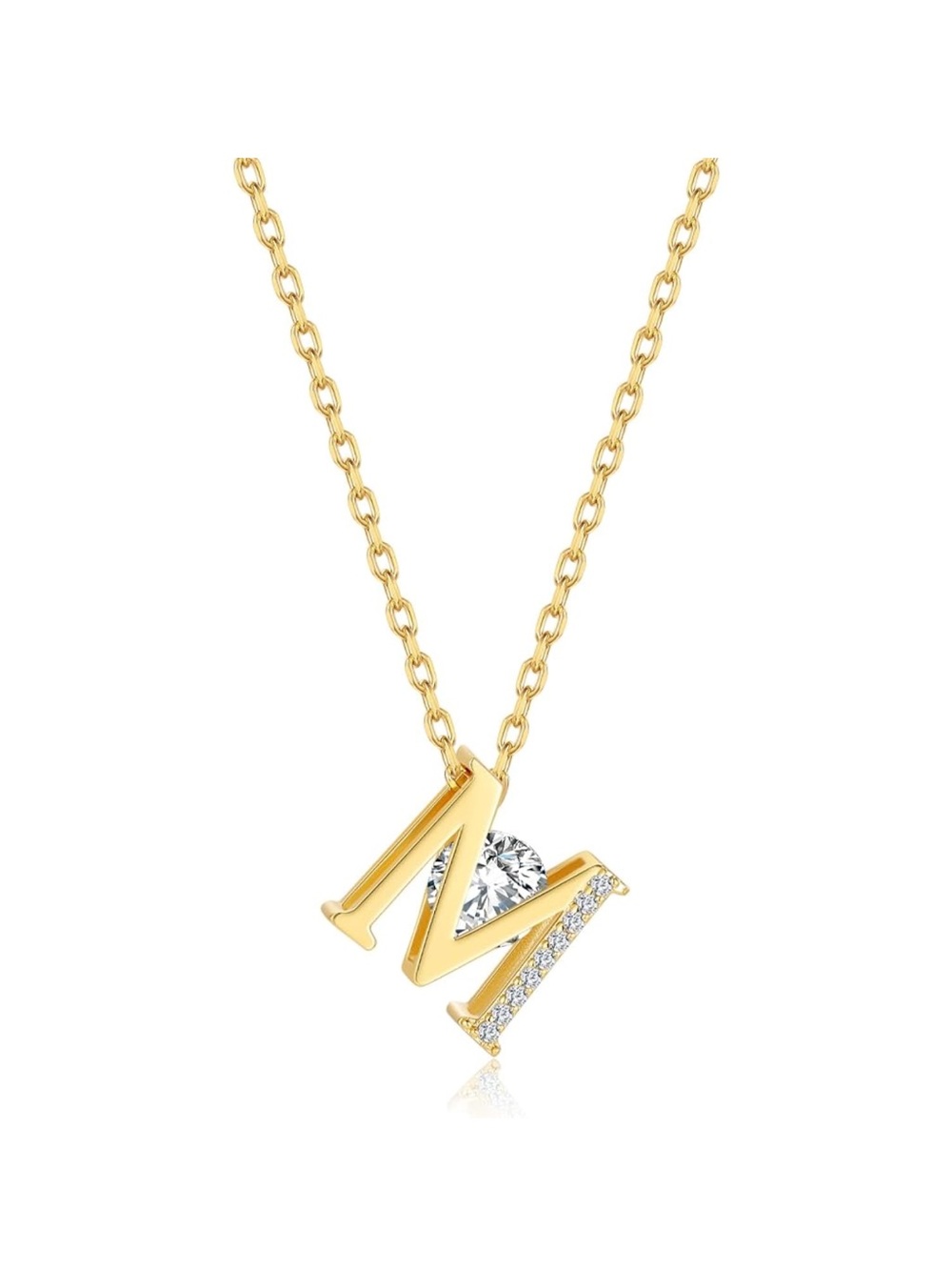 Gold 'M' Initial Pendant Necklace with Crystal Accent - Women Jewelry